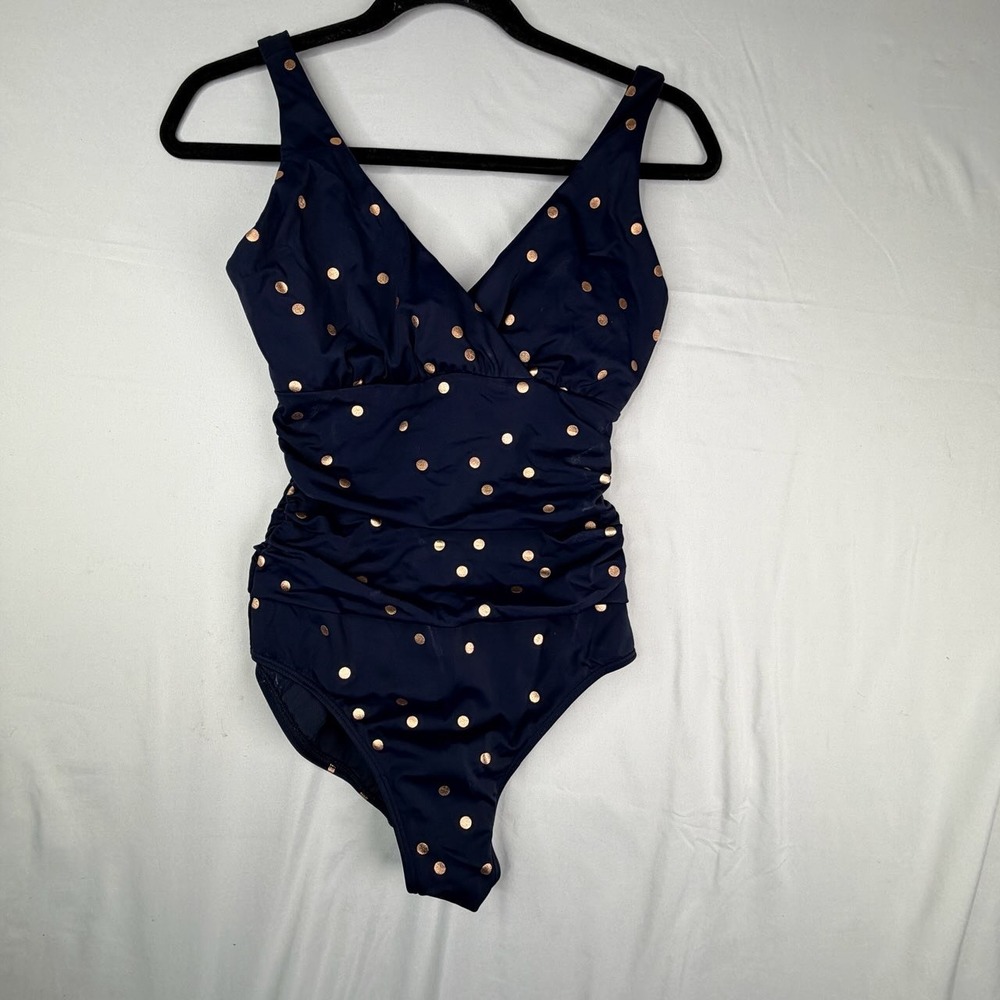 Boden Navy Rose Gold Polka Dot Ruched One Piece Swimsuit Surplice V-Neck US 2R